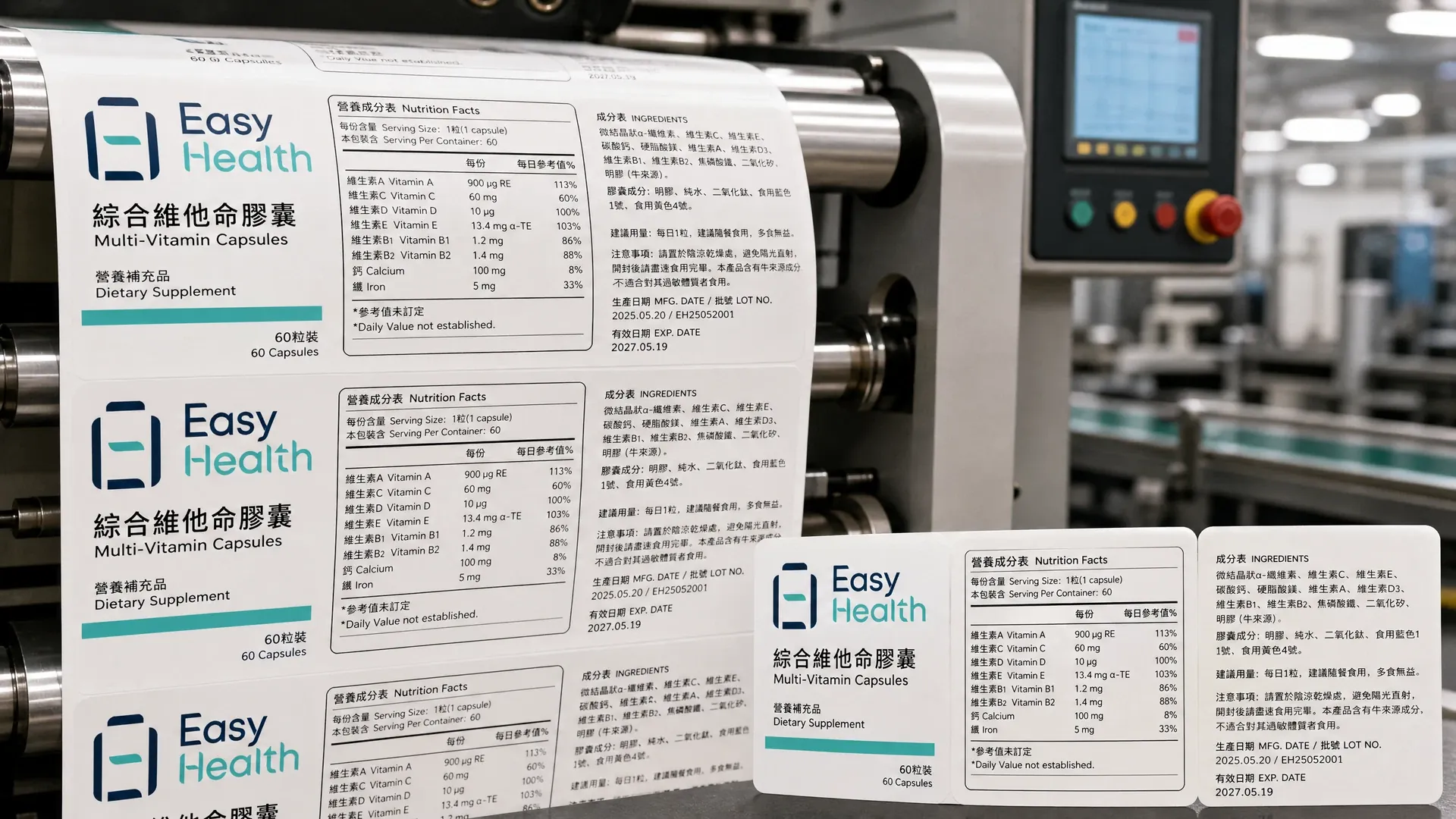Easy Health dietary supplement labels designed according to GB standards for the mainland market.