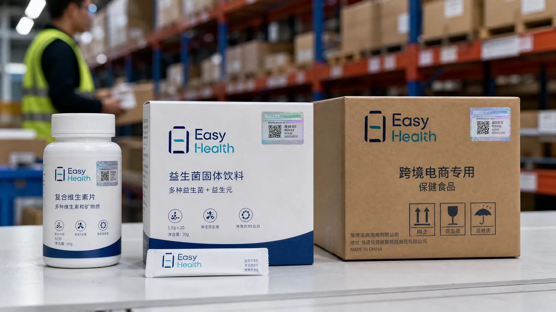 Easy Health supplement packaging and shipping boxes meeting mainland China GB labeling standards.