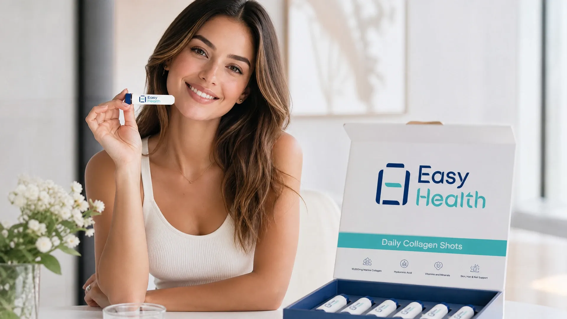 女士展示 Easy Health 膠原蛋白包裝設計及飲品小瓶