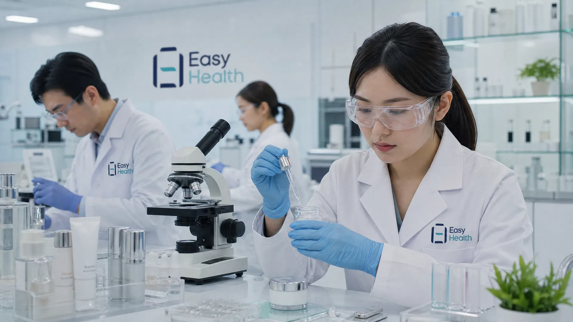 展示護膚品瓶罐與配方測試過程的示意圖