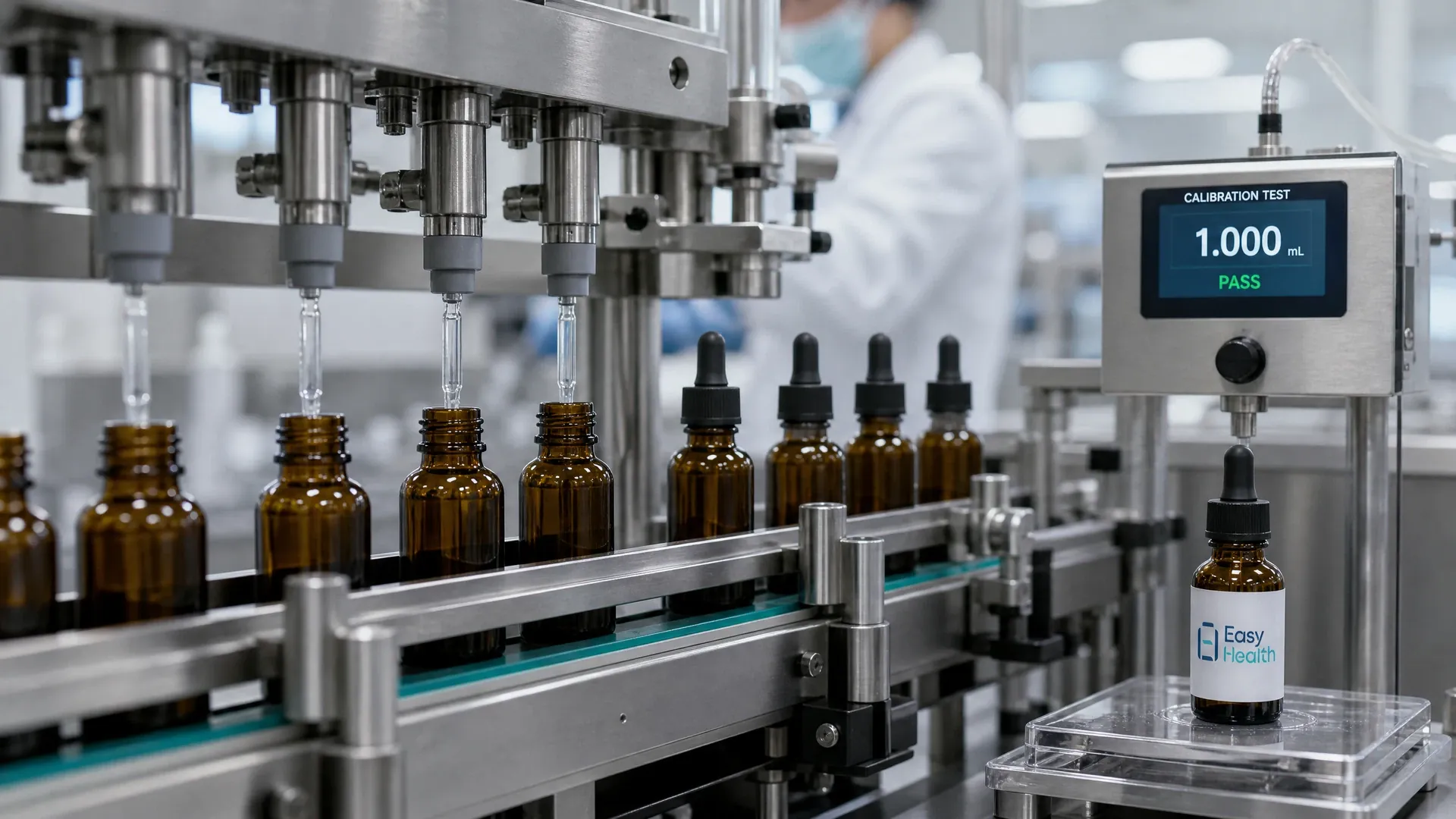 依時健化妝品滴管瓶與茶色玻璃瓶自動化灌裝生產線示意圖
