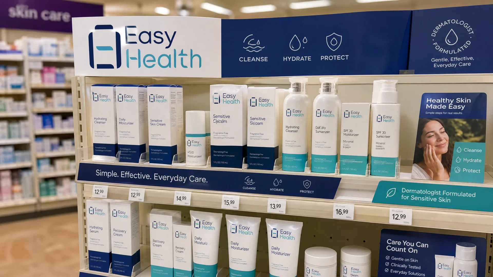 零售貨架上的 Easy Health 面膜及精華液包裝設計示意圖