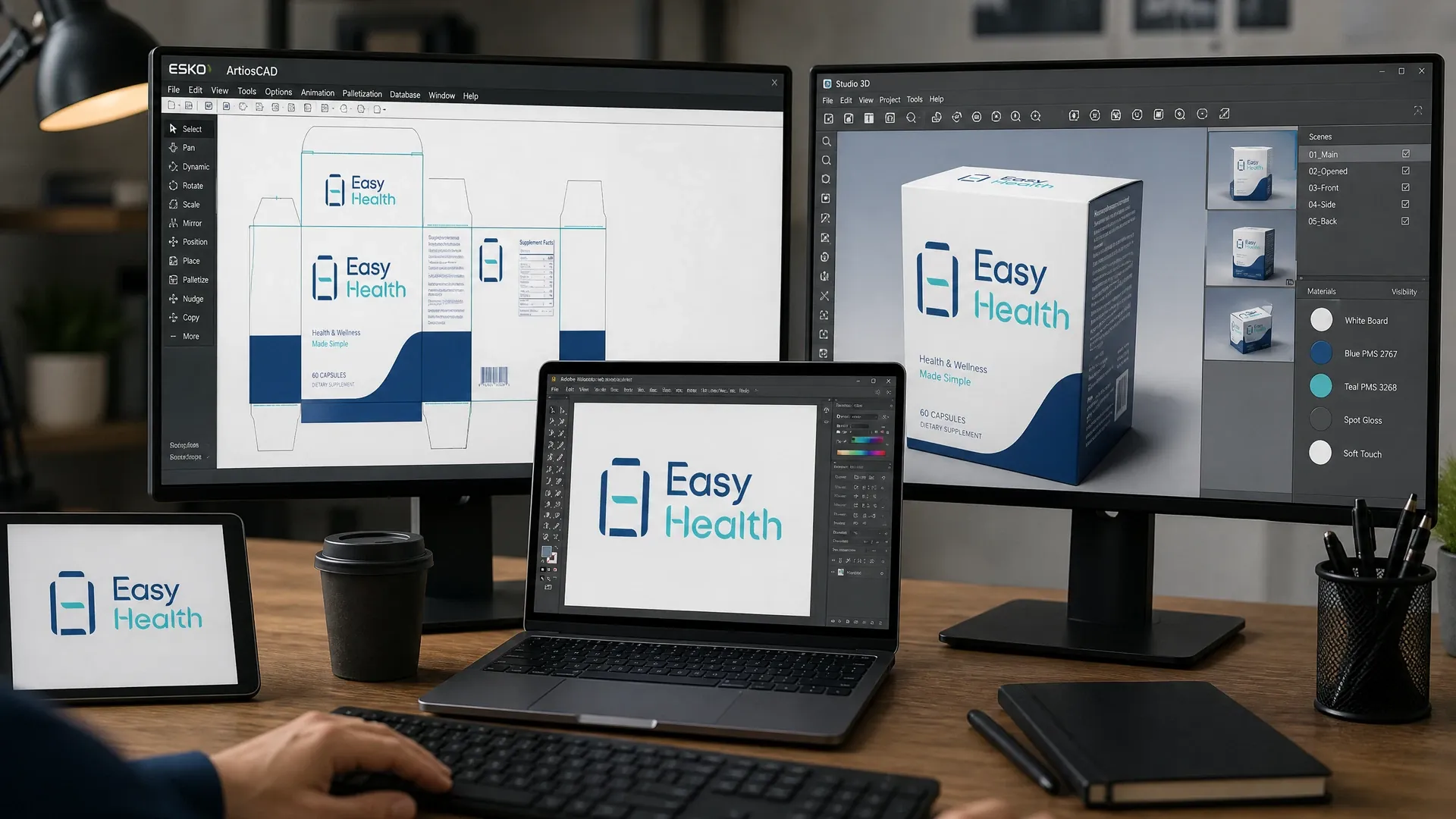 使用專業設計軟件進行 Easy Health 包裝設計服務的示意圖
