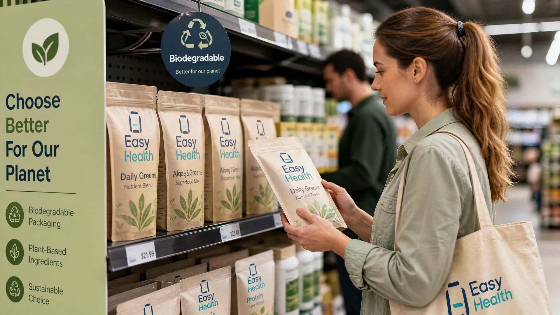 零售貨架展示 Easy Health 生物降解包裝袋及包裝減廢標語