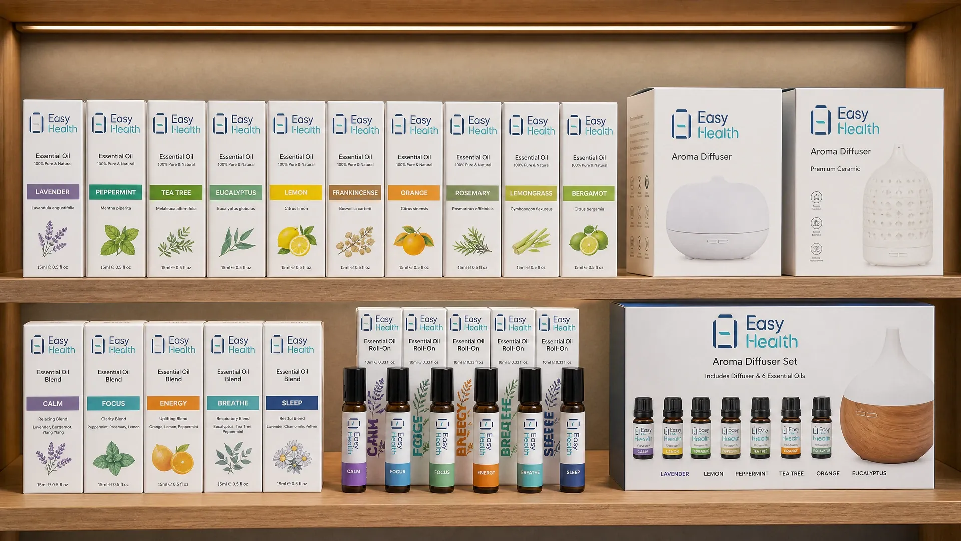 依時健精油包裝設計與香薰產品零售展示示意圖