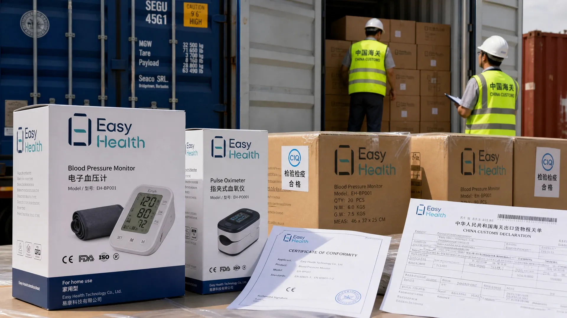 Easy Health branded logistics cartons and schematic label designs for product shipping.
