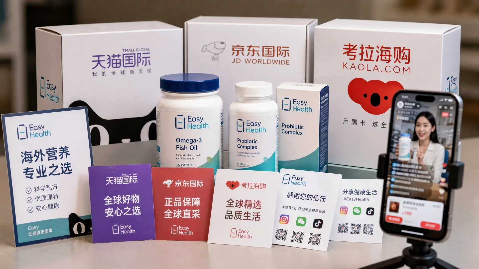 Easy Health supplement export labels and cross-border e-commerce packaging demonstration