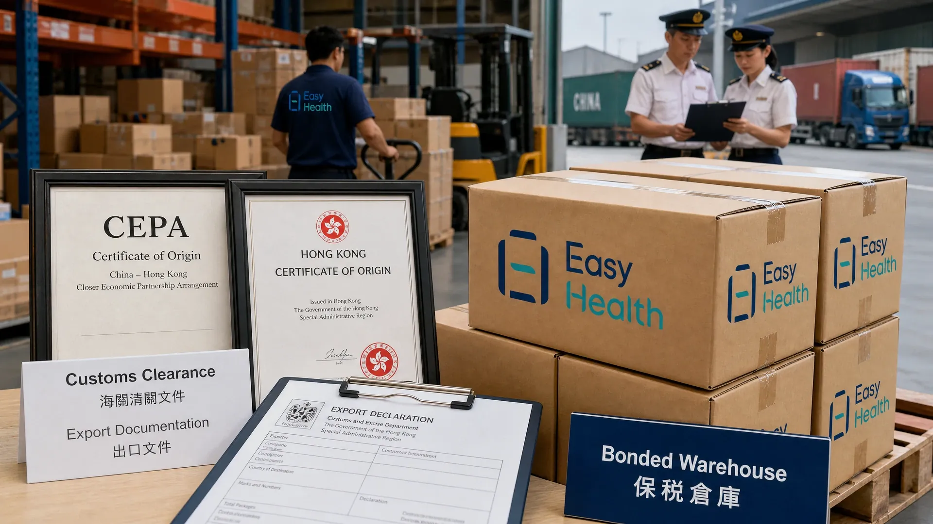 Schematic display of Easy Health branded cardboard boxes for logistics and shipping.