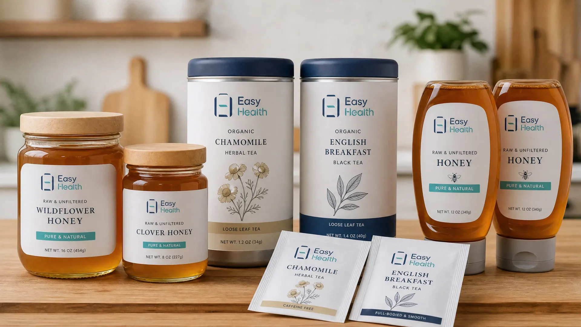 Easy Health honey packaging design and herbal tea packaging mockup display.