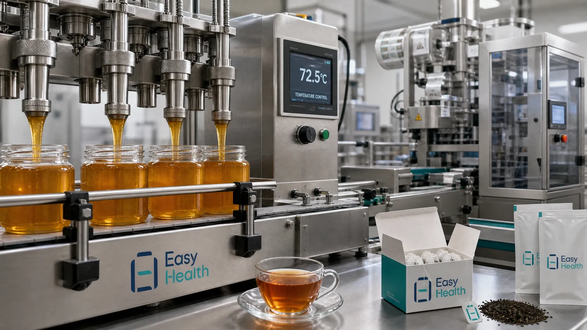 Automated honey filling and health tea packaging design for Easy Health products.