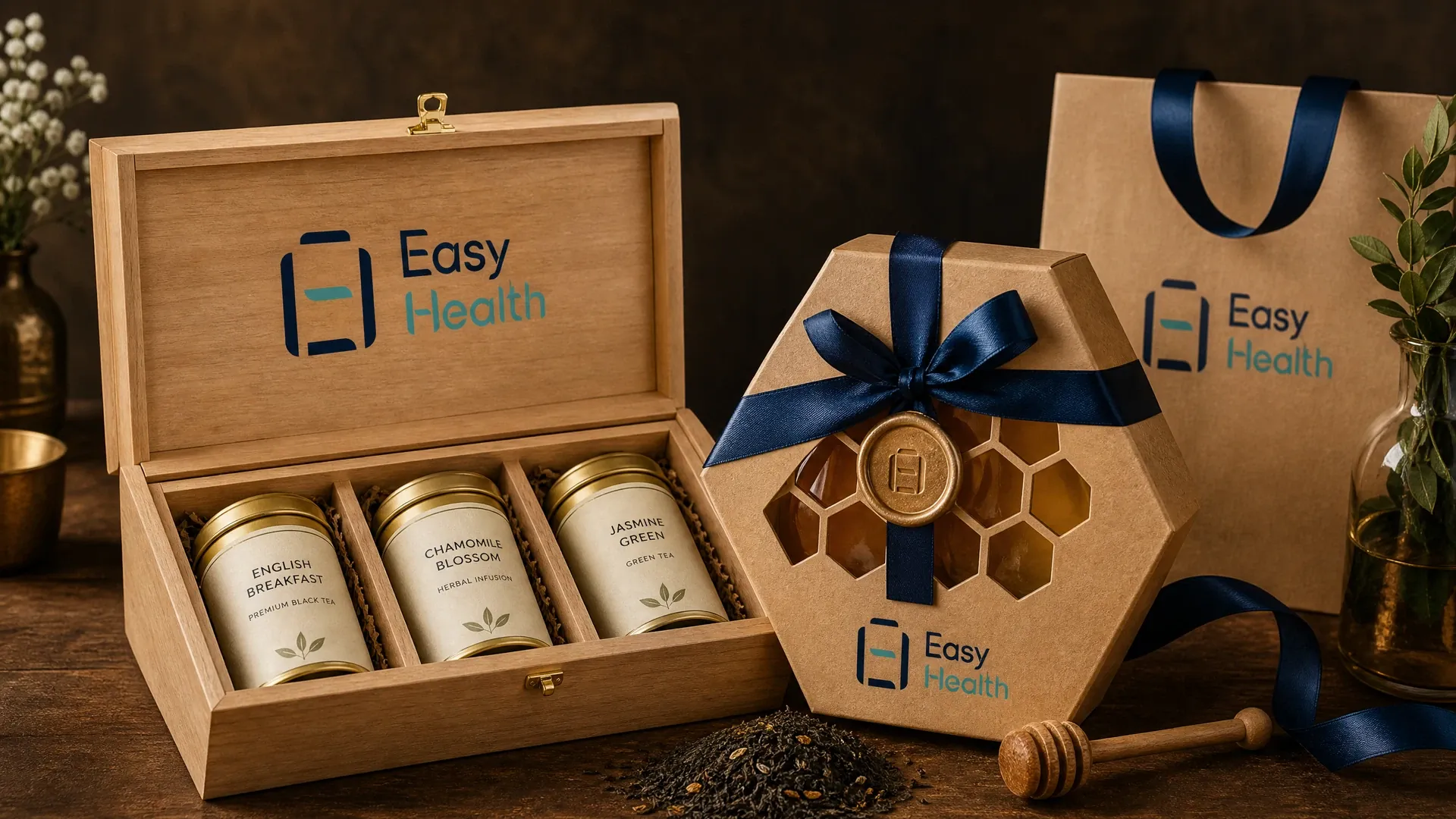 Easy Health wellness tea packaging design and honey gift box mockup
