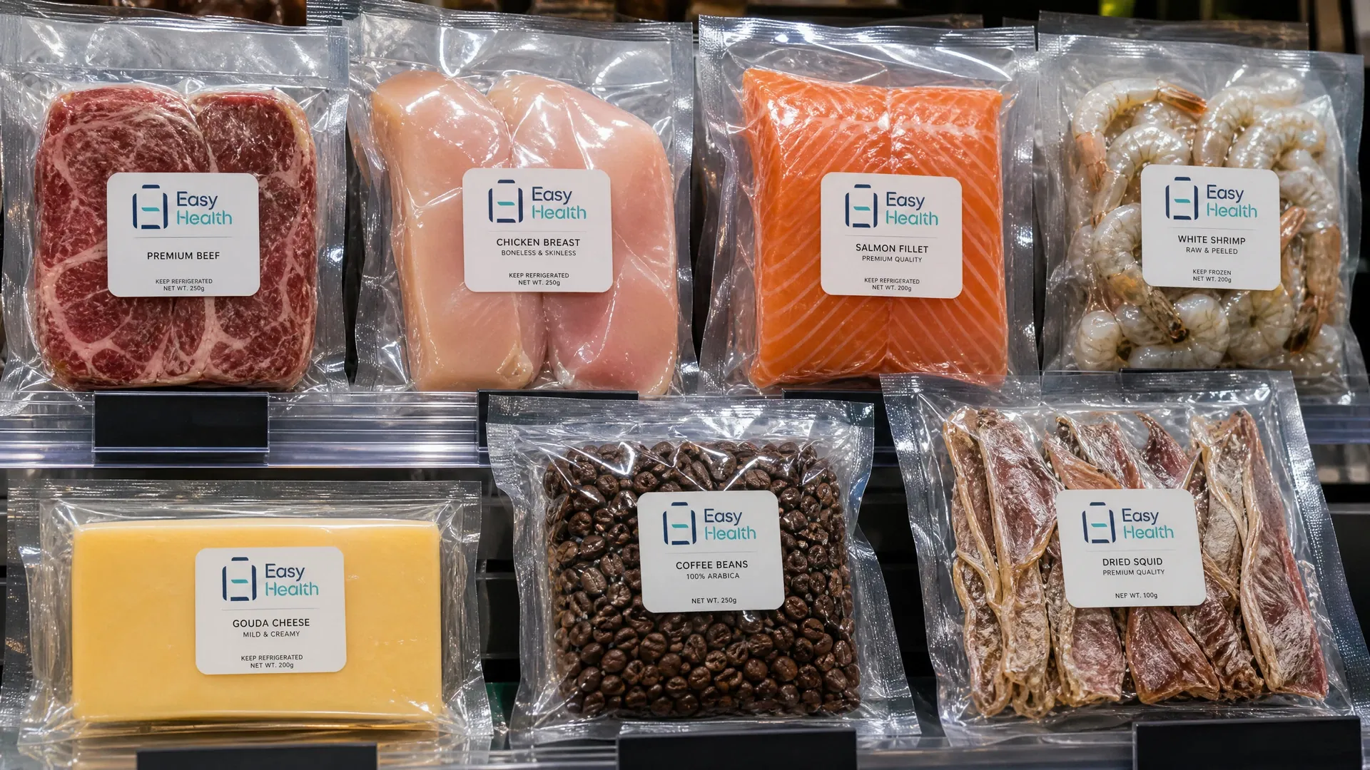 零售貨架上的食品真空密封包裝示意圖