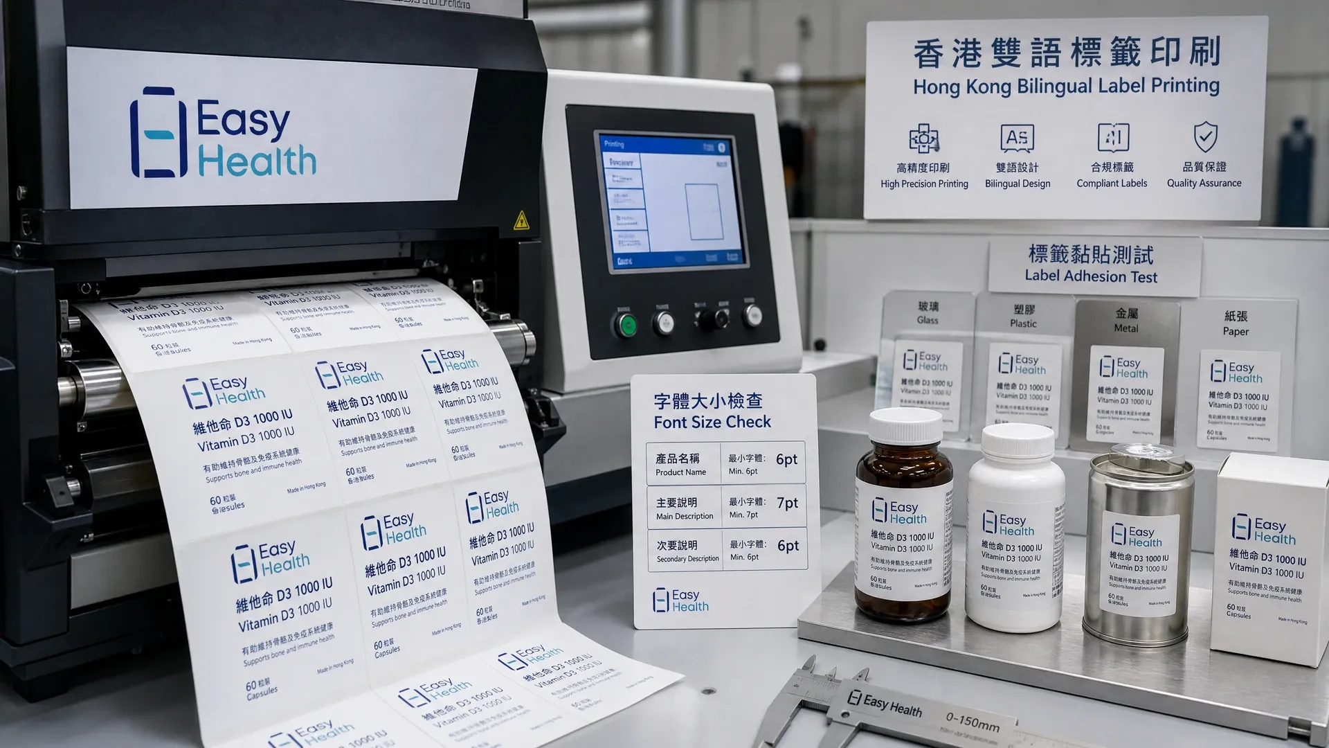 依時健保健品中英文雙語標籤印刷及字體大小檢查示意圖