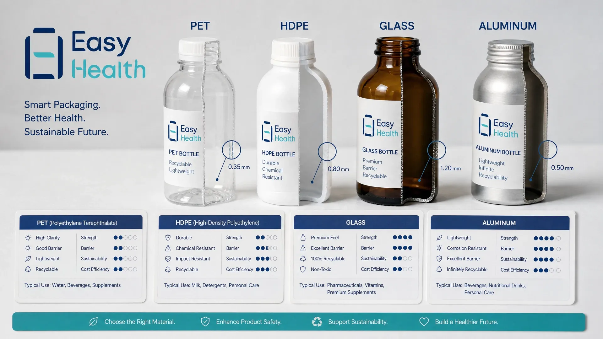 展示 PET 與 HDPE 等多種包裝容器材質特性的示意圖