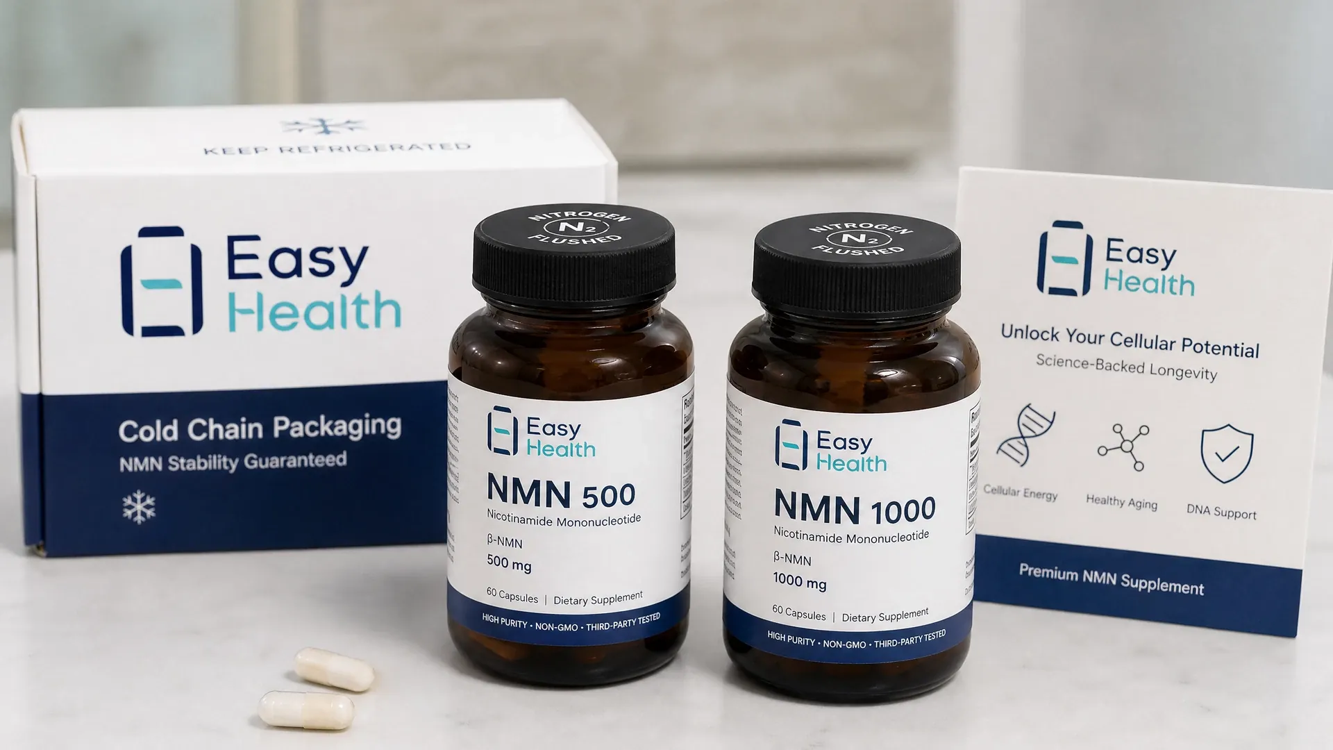 依時健 NMN 保健品包裝瓶與外盒設計展示