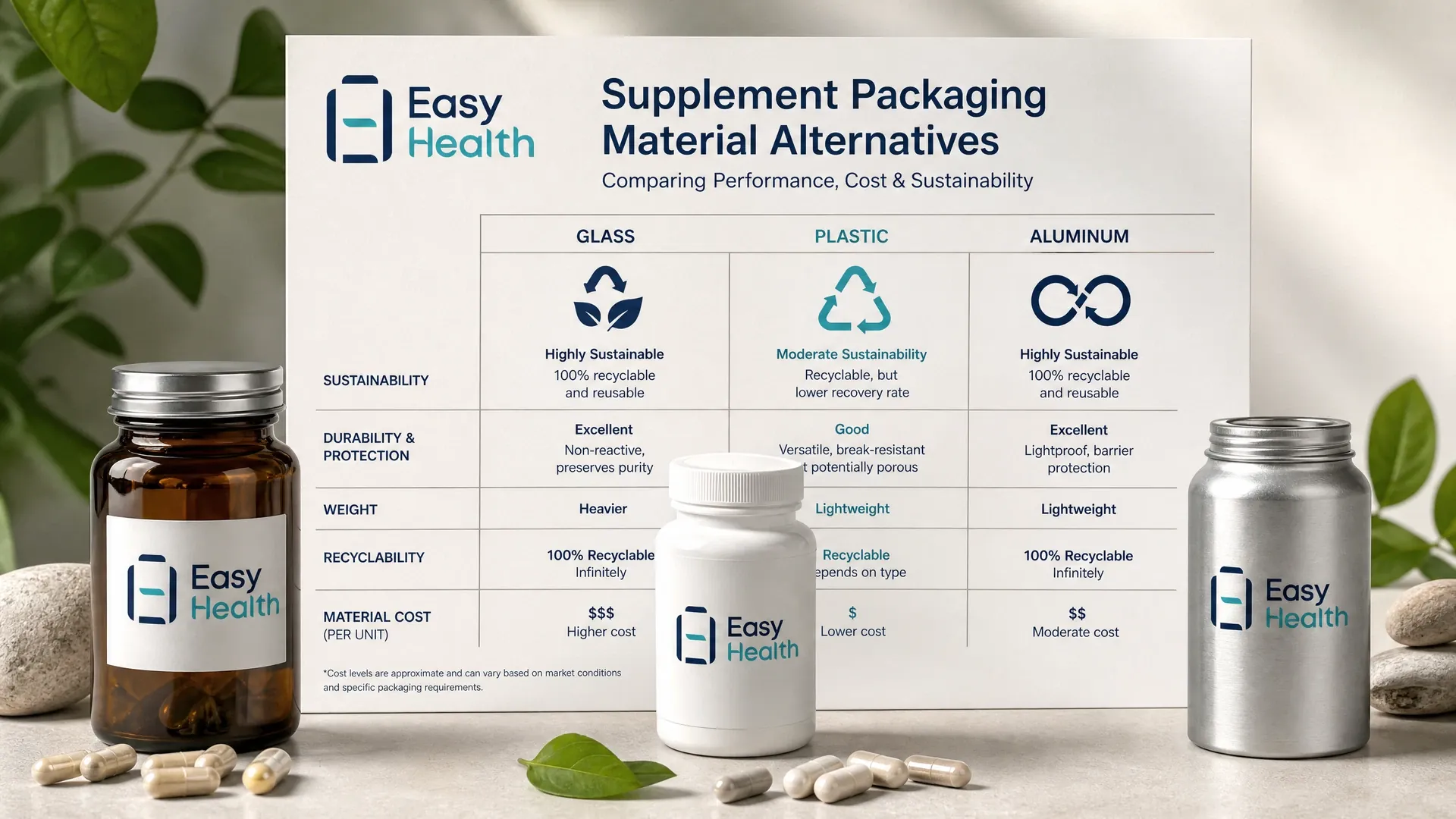 Illustration of supplement packaging options featuring glass, plastic, and aluminum containers.