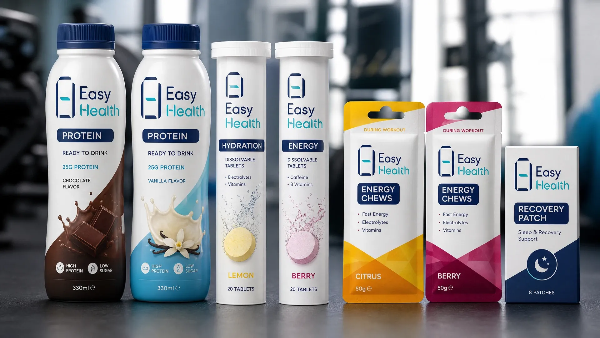 Easy Health 運動營養品包裝設計，包含蛋白粉瓶及健身補充品包裝。
