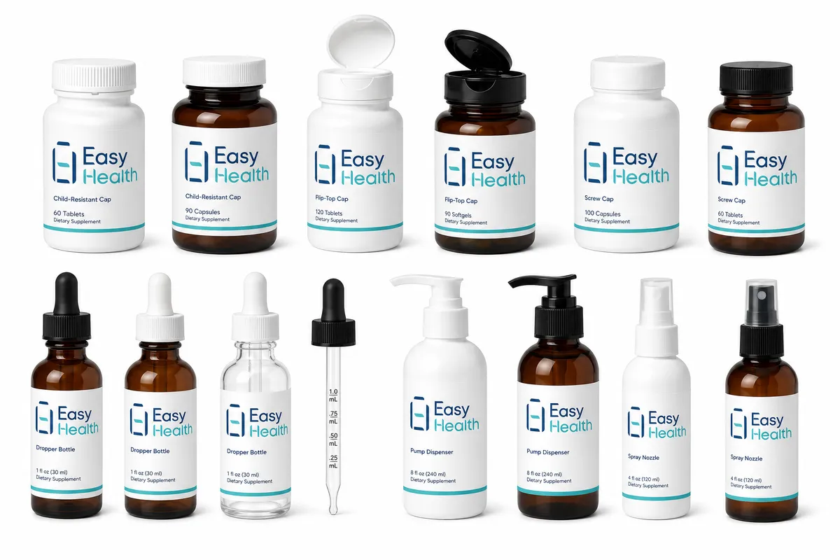 Easy Health 各種瓶型和瓶蓋展示